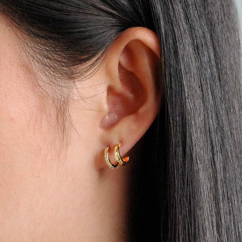 Obidos 14K Gold Plated Triple Huggie Illusion Stud Earrings | Double Huggie Hoop Earrings for One Hole | Gold Hoop Earrings for Women | Drop earrings - Image 2